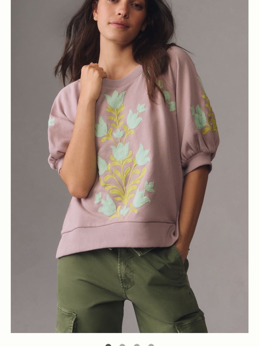 Anthropologie Short Sleeve Appliqué Floral Puff-Sleeve Sweatshirt Small